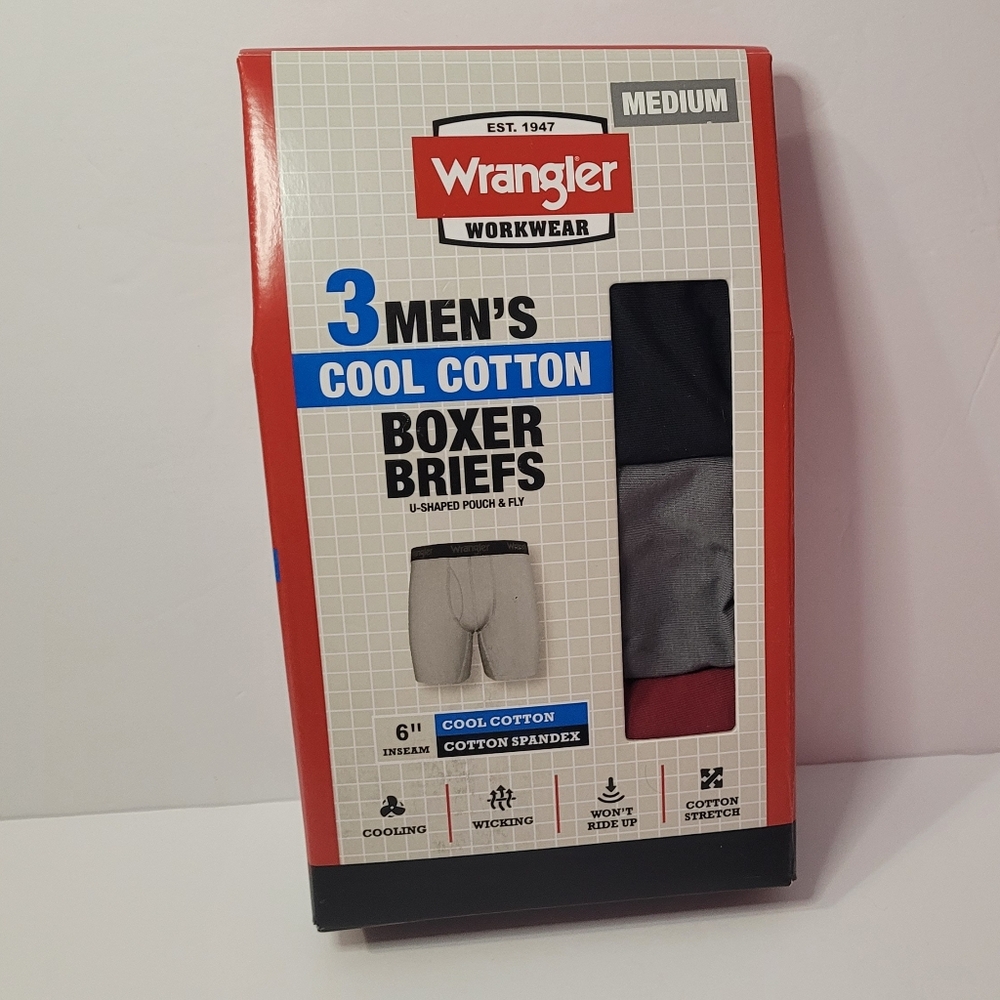 Wrangler Men's Cool Cotton Boxer Briefs - Black, Gray, Red Size M New In Box